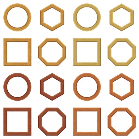 Set of empty wooden frames, different shapes and colors  Circle, square, hexagon, octagon  Vectorのイラスト素材