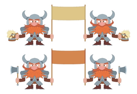 Two pairs of dwarfs warriors holding banners with beer mugs and axes, funny comic cartoon charactersのイラスト素材