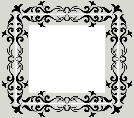 Abstract background with symbolical vintage floral pattern, black contour frame on gray and white  のイラスト素材