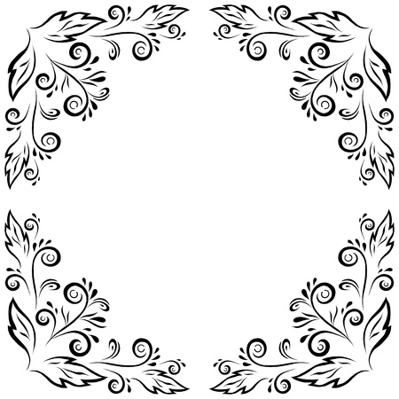 Abstract holiday floral background, black frame with symbolical flowers and leaves, isolated on white  のイラスト素材