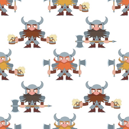 Seamless background  Dwarfs warriors in armor standing with beer mugs and axes, funny comic cartoon characters  Vectoのイラスト素材