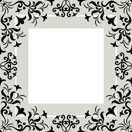 Abstract background with symbolical vintage floral pattern, black contour frame on gray and white  Vectorのイラスト素材