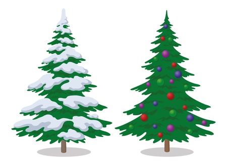 Set of Christmas fir trees with snow and holiday balls, winter symbol, isolated on white. のイラスト素材