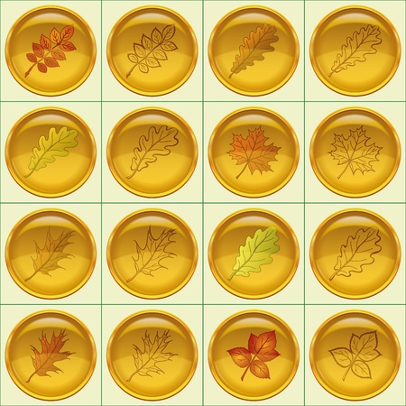 Set of yellow round buttons with autumn leaves and pictograms, dogrose, oak, raspberry, oak iberian, maple. Contains transparenciesのイラスト素材