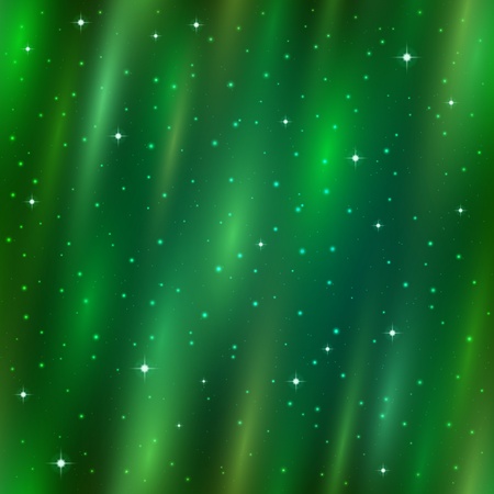Abstract seamless background, green Aurora Borealis in sky, stars and cosmic rays のイラスト素材