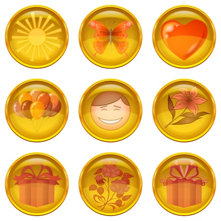 Set of round yellow icons buttons with holiday symbols, isolated on white backgroundのイラスト素材