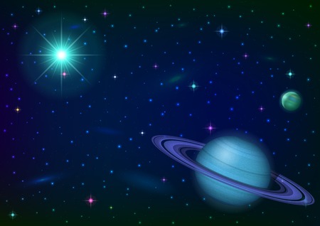Fantastic space background with unexplored blue planet with ring, satellite, sun, stars and nebulas. のイラスト素材