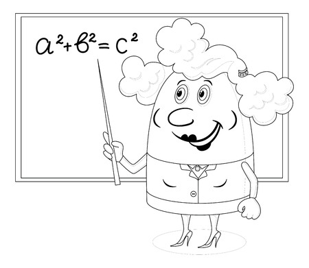 School teacher showing with her pointer on blackboard with Pythagorean theorem, funny cartoon character, black contour on white background. のイラスト素材