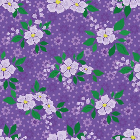 Abstract floral seamless pattern with lilac flowers and green leaves on purple background. Vectorのイラスト素材