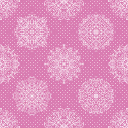 Abstract seamless background with symbolical floral white patterns and circles on pink. のイラスト素材