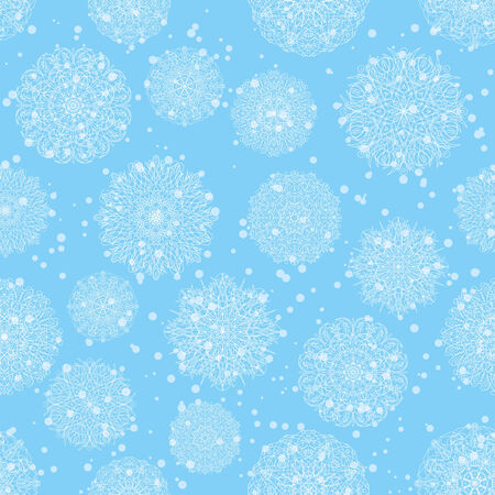 Abstract seamless pattern background with symbolical white snowflakes and circles on blue. のイラスト素材