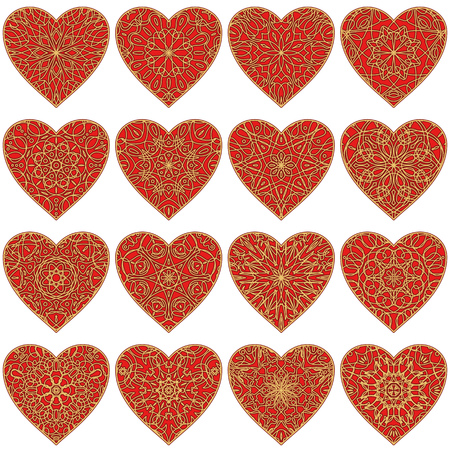 Set of valentine hearts with abstract patterns of red and gold colorsのイラスト素材