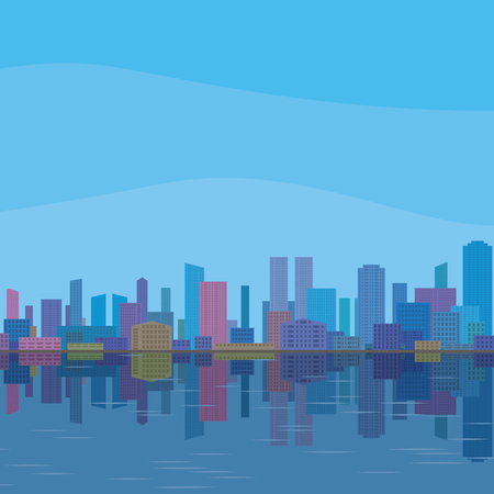 Urban background, cityscape with cartoon skyscrapers under blue sky reflecting in blue sea. のイラスト素材