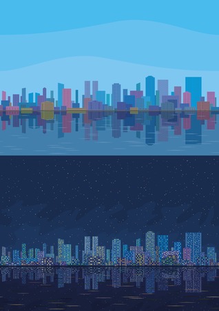 Seamless urban background, set of night and day cityscape with skyscrapers, under sky reflecting in blue sea.のイラスト素材