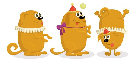 Set of cheerful kind circus trained dogs, holiday illustration, funny cartoon characters, isolated on white background. Vectorのイラスト素材