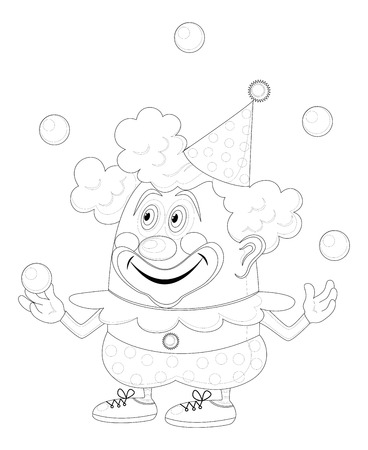 Cheerful kind circus clown juggling balls, holiday illustration, funny cartoon character, black contour isolated on white background. Vectorのイラスト素材