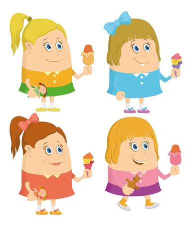 Set of little girls smiling and eating ice cream, funny cartoon characters, isolated. Vectorのイラスト素材