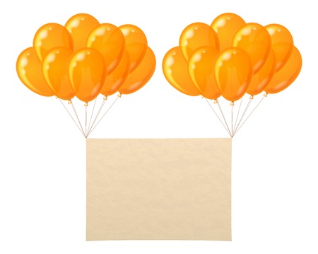 Two bunches of colorful orange balloons flying with sheet of paper for holiday design. のイラスト素材