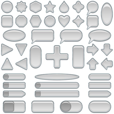 Set of glass silver buttons and sliders, computer icons of different forms for web design, isolated on white background のイラスト素材