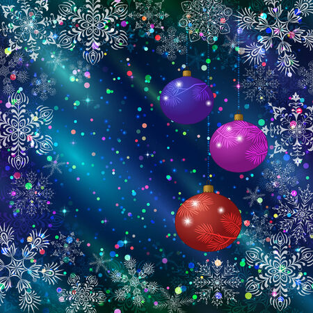 Holiday Christmas background, colorful glass balls decoration, snowflakes and confetti on blue sky, illustration for web design. Eps10, contains transparencies. Vectorのイラスト素材