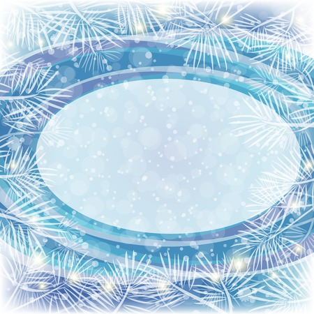Christmas blue background for holiday design with oval frame, flashes and white pine branches.のイラスト素材