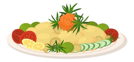Delicious food on plate, fried potatoes with tomatoes, cucumbers, lemons, mushrooms, rosemary, Brussels sprouts and rose of vegetables isolated on white background. Vectorのイラスト素材