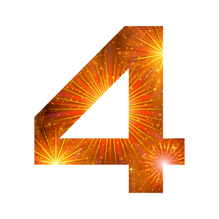 Mathematical sign, number four, stylized gold and orange holiday firework with stars and flares, element for web design. Eps10, contains transparencies. Vectorのイラスト素材