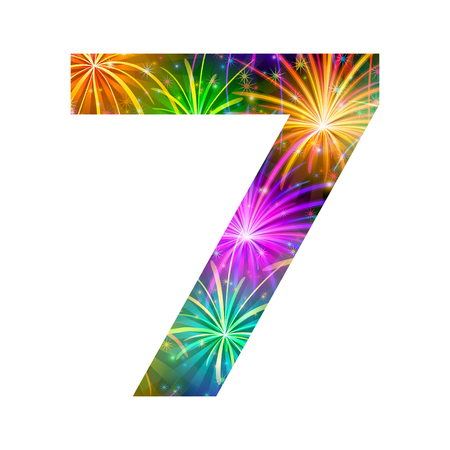 A vector of number seven, stylized with colorful firework with stars and flares.