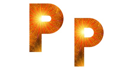 Set of English letters signs uppercase and lowercase P, stylized gold and orange holiday firework with stars and flares, elements for web design. Eps10, contains transparencies. Vectorのイラスト素材