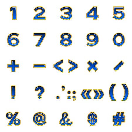 Set of computer icons, numbers, mathematical and punctuation signs, stylized glass blue buttons with golden frames, elements for web design. Eps10, contains transparencies. Vectorのイラスト素材