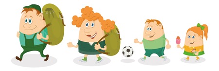 Cheerful family of tourists, father and mother with backpacks, son with soccer ball and daughter with ice-cream going on vacation. Vectorのイラスト素材