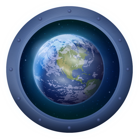 Space Ship Round Window Porthole with Planet Earth and Stars, Isolated. の写真素材