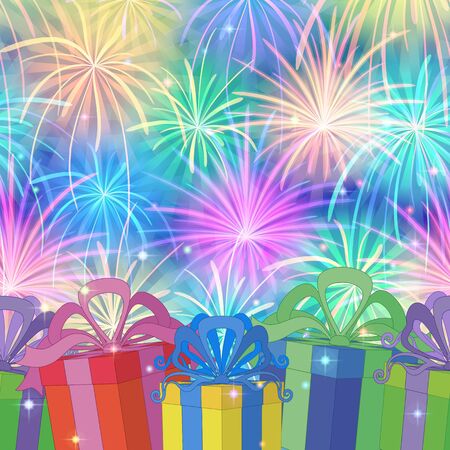 Holiday Seamless Background with Gift Color Boxes on Colorful Firework. Pattern for Holiday Design. Eps10, Contains Transparencies. Vectorのイラスト素材