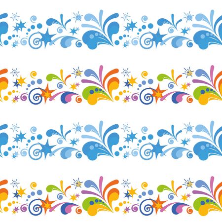 Abstract Seamless Background with Symbolical Colorful and Blue Floral Patterns, Stars and Spirals on Whiteのイラスト素材