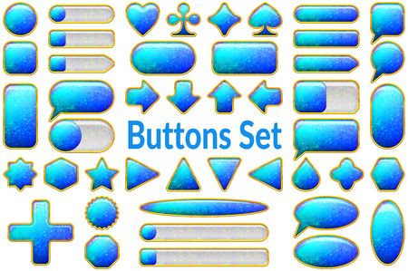 Set of Glass Blue Buttons and Sliders with Golden Frames, Computer Icons of Different Forms for Web Design on White Background. , Contains Transparencies. Vectorのイラスト素材
