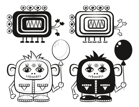 Set of Cute Different Cartoon Monsters, Black Contour and Silhouette Characters with Toy Balloon, Elements for your Design, Prints and Banners, Isolated on White Background. Vectorのイラスト素材