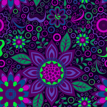 Abstract Seamless Background with Symbolical Colorful Patterns and Floral Ornaments. Vectorのイラスト素材