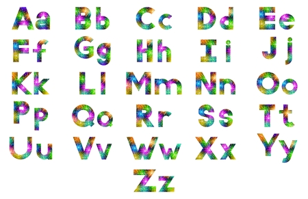 Alphabet, Set of English Letters Signs Uppercase and Lowercase, Stylized Colorful Holiday Firework with Stars and Flaresの写真素材