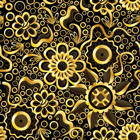 Abstract Seamless Background with Symbolical Gold Floral Patterns, Shining Colorful Ornament, Flowers and Leaves on Black.のイラスト素材