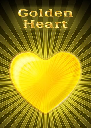 Golden Shining Valentine Heart with Yellow Radial Rays, Love Symbol on Black Background.のイラスト素材