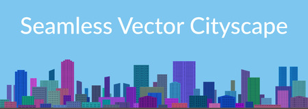 Horizontal Seamless Landscape, Urban Background, Day City with Colorful Cartoon Skyscrapers Under Blue Sky.のイラスト素材