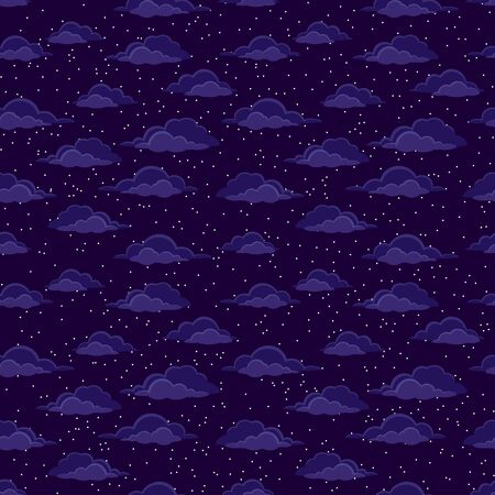 Cloudscape Seamless Background, Cumulus Clouds and White Stars and Snowflakes on Dark Blue Night Sky. Vectorのイラスト素材