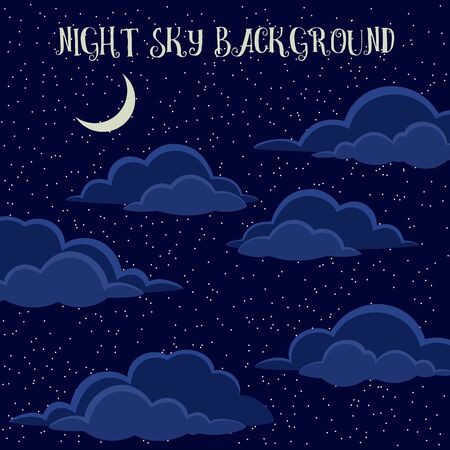 Cloudscape Background, Cumulus Clouds, White Stars and Light Moon on Dark Blue Night Sky. Vectorのイラスト素材