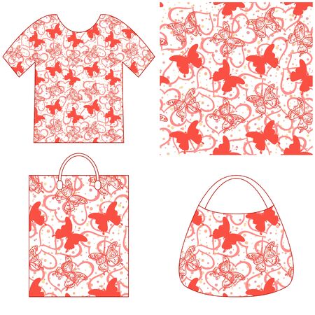 Seamless Holiday Background with Butterflies Silhouettes, Valentine Outline Hearts and Confetti, Colorful Tile Pattern for Your Design, Presented in Tank Top, Women Bag and Grocery Bag. Vectorのイラスト素材