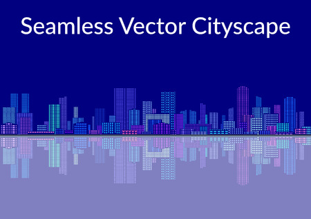 Horizontal Seamless Landscape, Tile Urban Background, Abstract Colorful City on Blue with Skyscrapers, Reflecting in the Sea. Vectorのイラスト素材