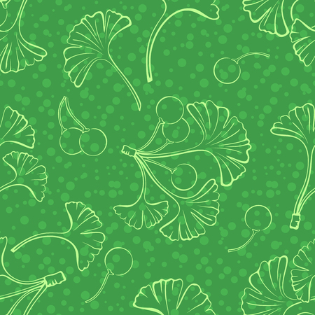 Seamless Background with Pictogram Leaves and Fruits of Ginkgo Biloba Treeのイラスト素材