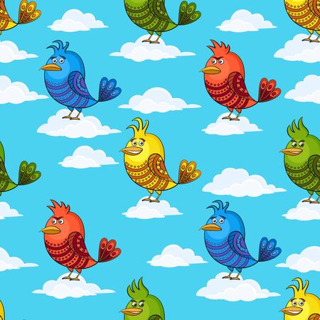 Funny colorful birds on white clouds in blue sky, cute cartoon characters of different colors and moods.のイラスト素材
