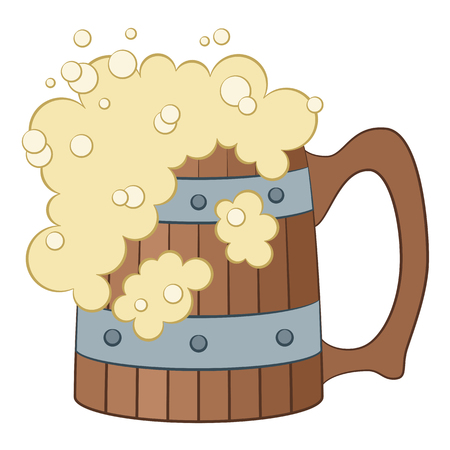 Big Wooden Beer Mug with Alcohol Drink and Foam, Cartoon Element for Your Design, Isolated on White Background. Vectorのイラスト素材