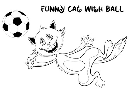 Cartoon Cat, Funny Pet, Smiling and Jumping for a Soccer Ball, Black Contour Illustration Isolated on White Background. Vectorのイラスト素材