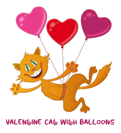 Cartoon Red Cat, Funny Pet, Smiling and Flying on Colorful Balloons in Shape of Valentine Holiday Hearts, Isolated on White Background. Vectorのイラスト素材